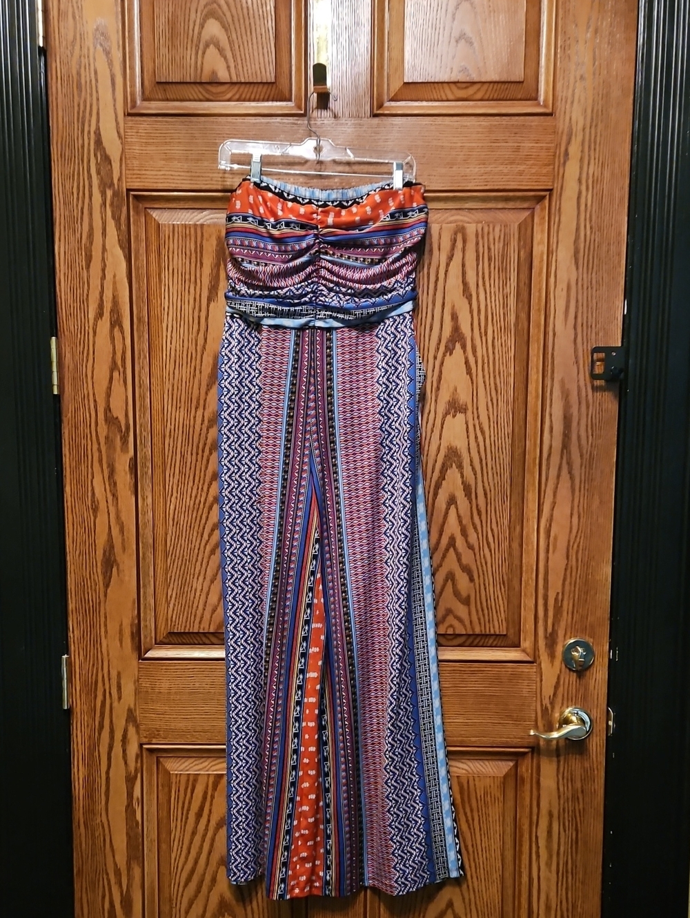 VENUS Strapless Wide-Leg Jumpsuit in Orange and Blue Print
